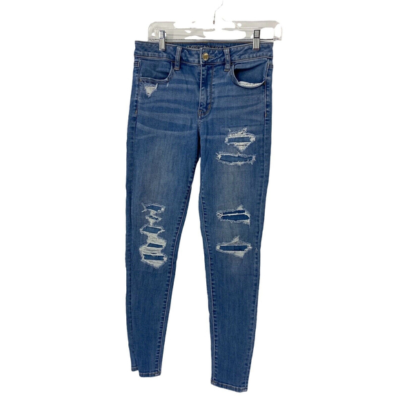 American Eagle Women Jeans Size 6 Hi- Rise Jegging Stretch Light Wash Destroyed